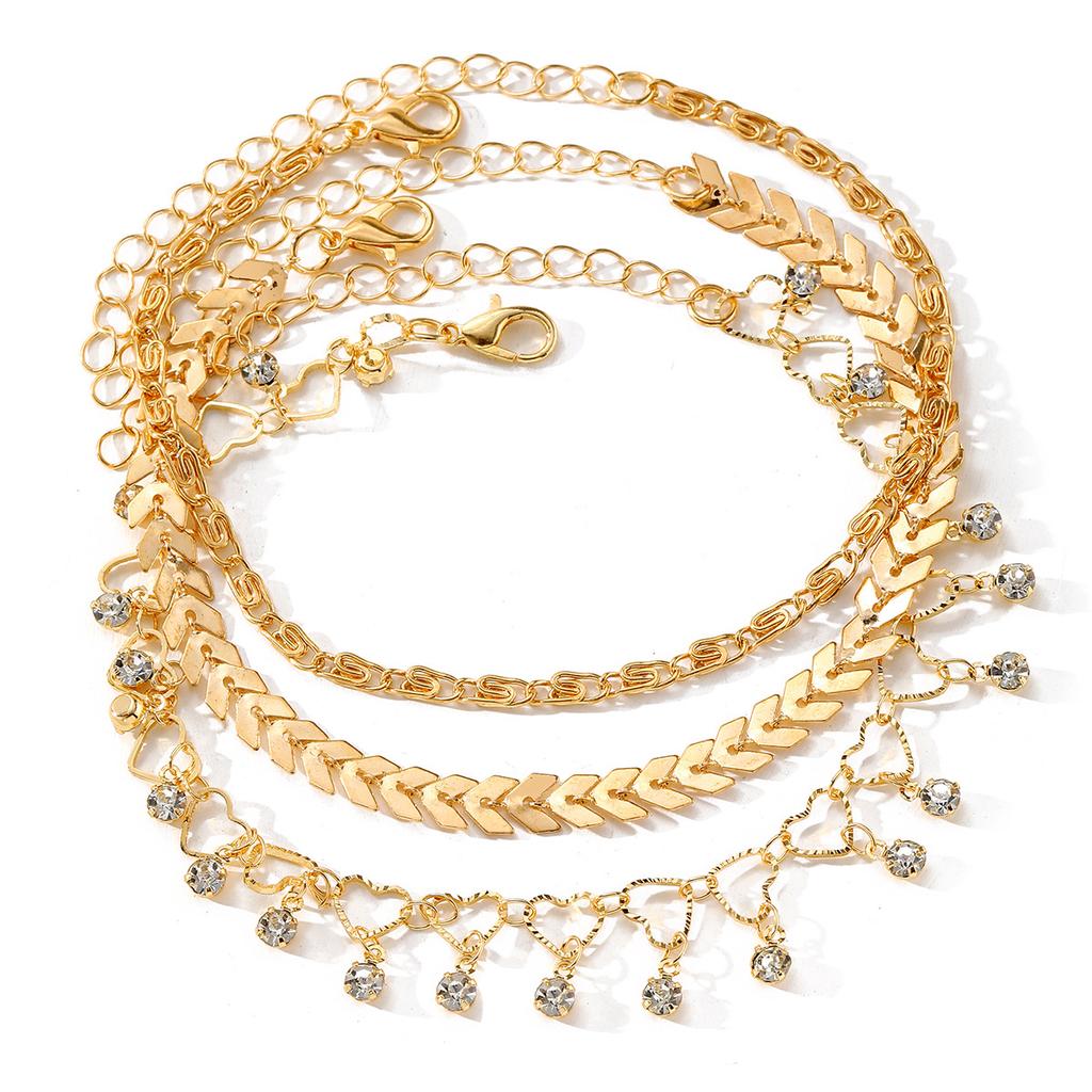 European and American retro beach anklet for women, featuring a hollow heart design and rhinestone embellishments3Set Eco-friendly metal chain