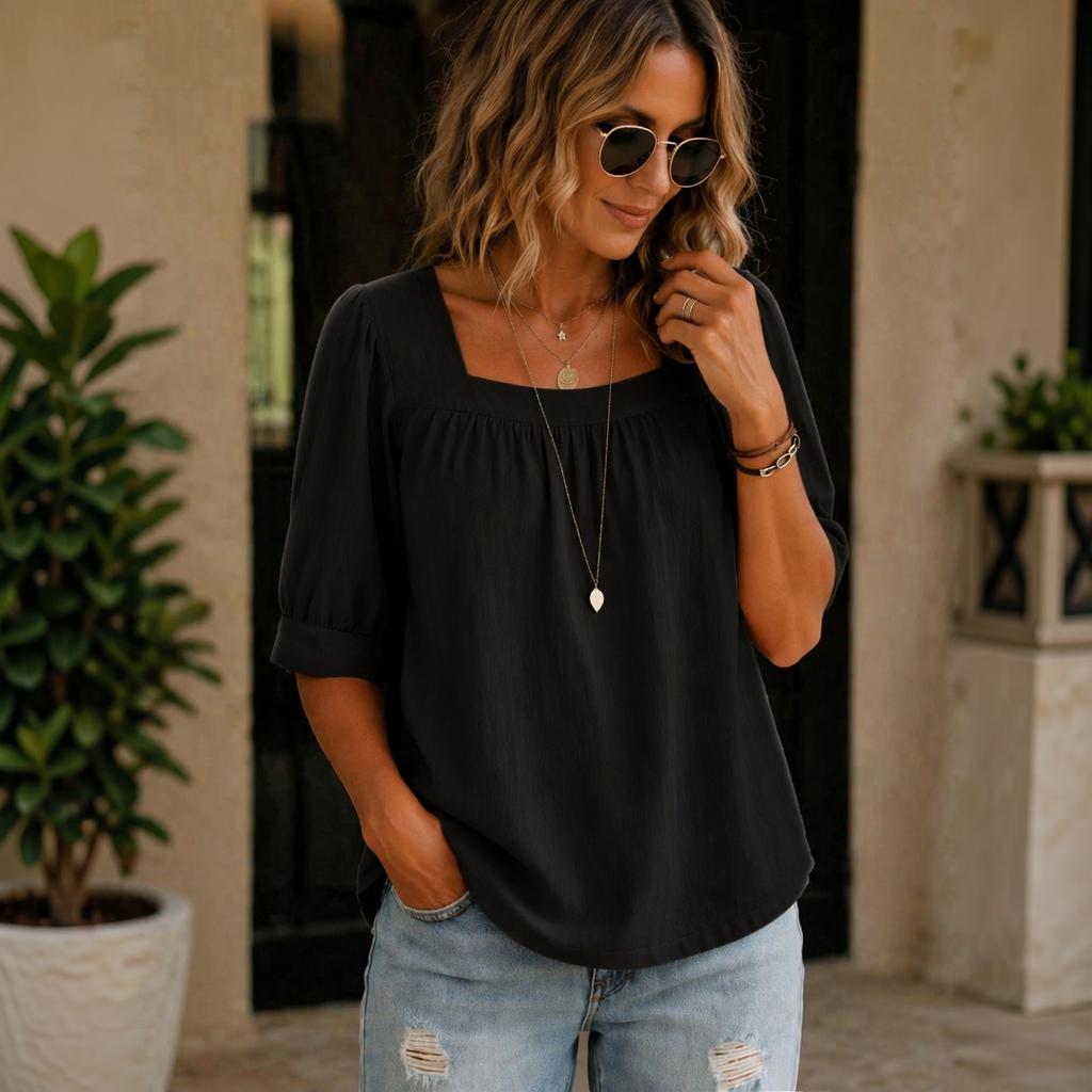 Women's Square Neck Sleeve Blouse Loose Fit Pleated Cotton Linen Casual Top for Summer