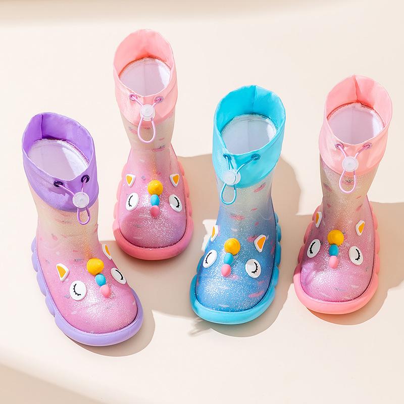 Cartoon Mid-Calf Unicorn Waterproof Boots for Children, Padded Warm Rain Boots for Girls, Student Outdoor Non-Slip Water Shoes