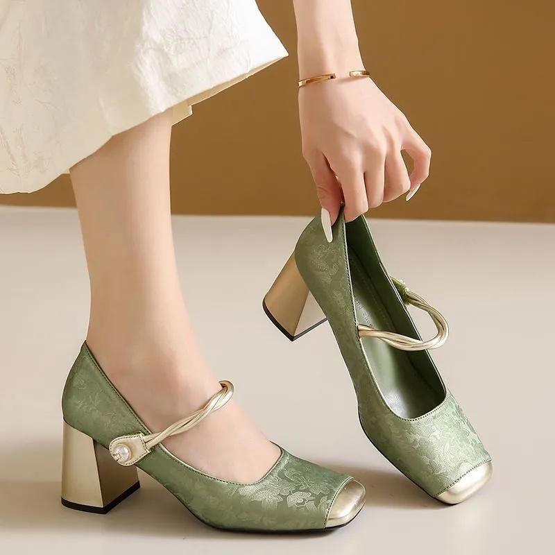zapatos de mujer women casual sweet light weight spring & summer square heel green shoes lady fashion black retro shoes ab269