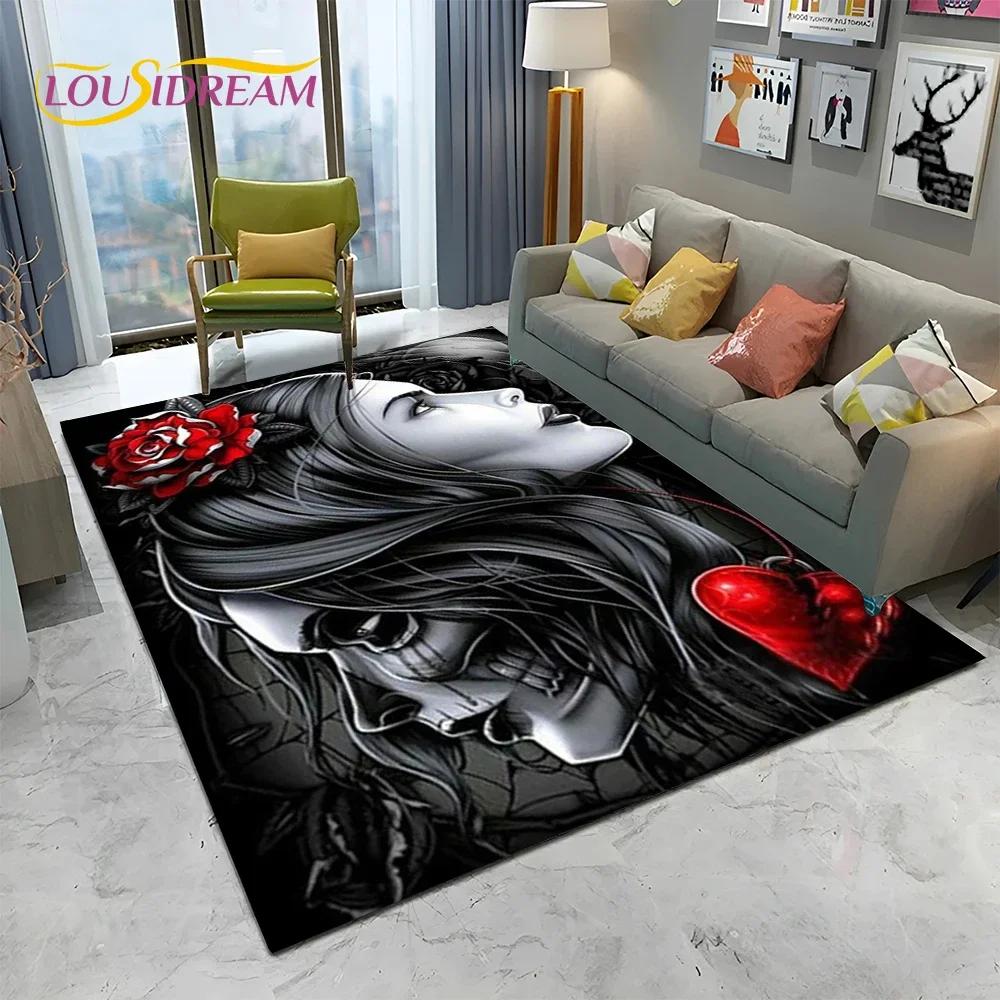 Horror Gothic Female Skull Dead Girl Teppich Teppich für Zuhause Wohnzimmer Schlafzimmer Sofa Fußmatte Dekor, Kinderbereich Teppich rutschfeste Bodenmatte
