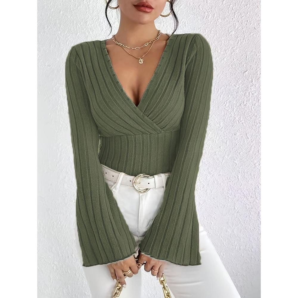 Women's V Neck Long Sleeve Ribbed Knit Slim Fit Casual Top Blouse