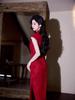 2025 Retro Red Rose Pattern Cheongsam: Dark Copper Silk Jacquard Long Gown