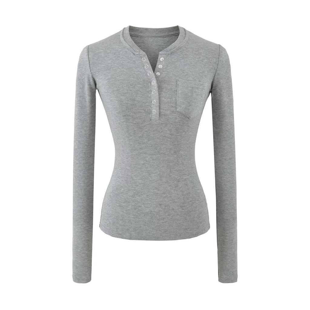 Women's Spicy American Button-Down Stand-Up Collar Faux Cashmere Slim Fit Base Layer Long Sleeve Top for Fall/Winter