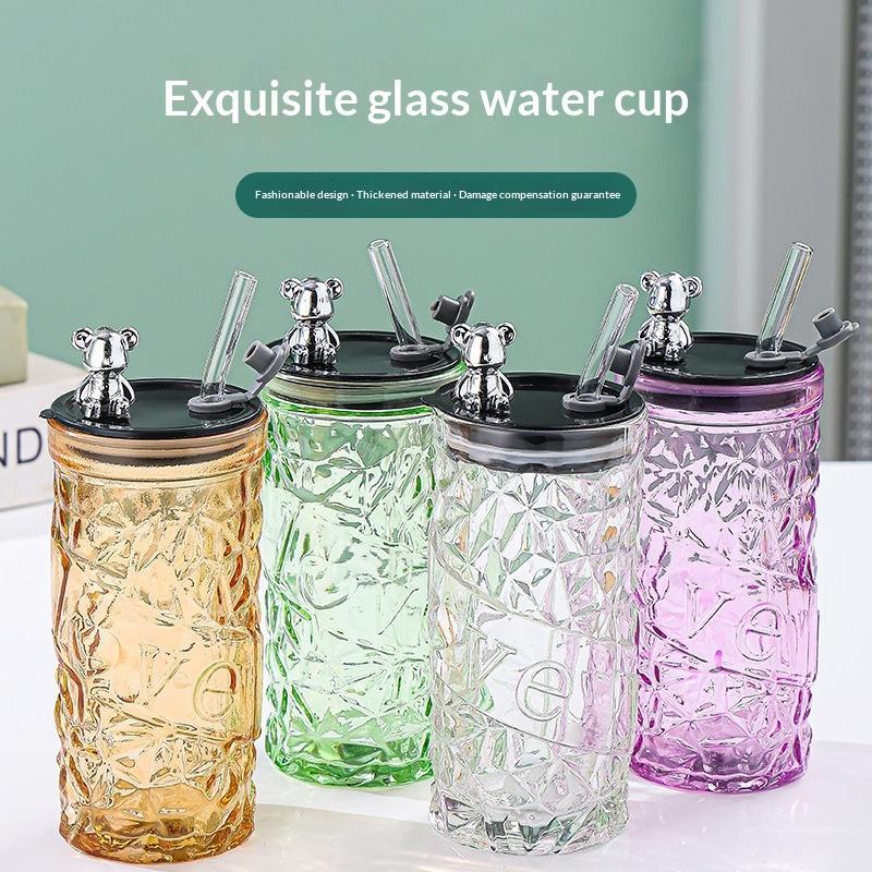 Glass Water Cup Women'S Coffee Cup With Lid And Straw Portable Home Tea Cup Office European-Style Vintage Milk Cup