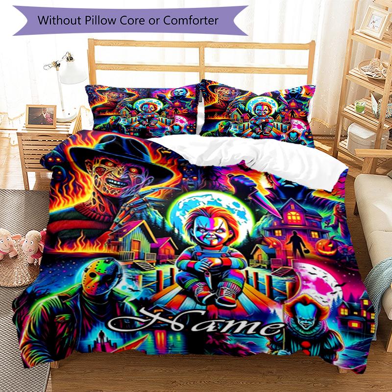 3pcs Custom Name Halloween horror Bedding Set Duvet Cover Closure Includes 1 Duvet Cover & 2 Pillowcases, Soft and Comfortable for All Seasons.