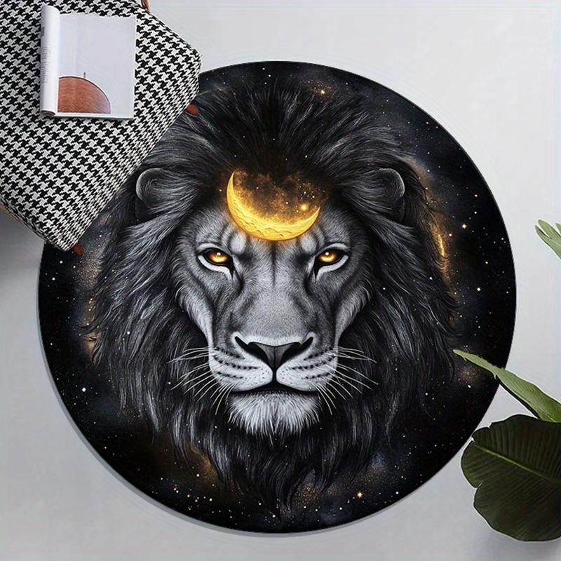 

Lion with Golden Moon Round Crystal Velvet Rug Cosmic Animal Art Decorative Floor Mat for Modern Home Decor 60cmx60cm