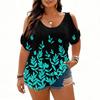 Women’s Short Sleeve Cold Shoulder Top Casual Loose Fit Printed Blouse for Daily Office and Wear