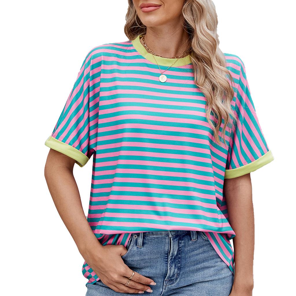 Summer Loose Fit Striped Round Neck T-Shirt Women