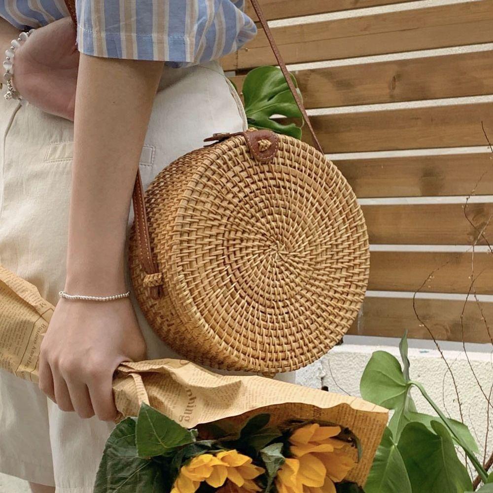 Ethnic Style Rattan Weave Bag Bohemian Round Crossbody Bag Retro Beach Bag  Picnic