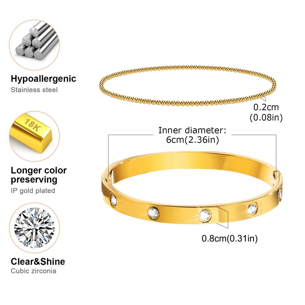 Vnox 2-8mm Women Bracelets Set, Simple Stacked Gold Plated Stainless Steel Beads Bracelets , Glam Love Gift Cuff Bangles for Her