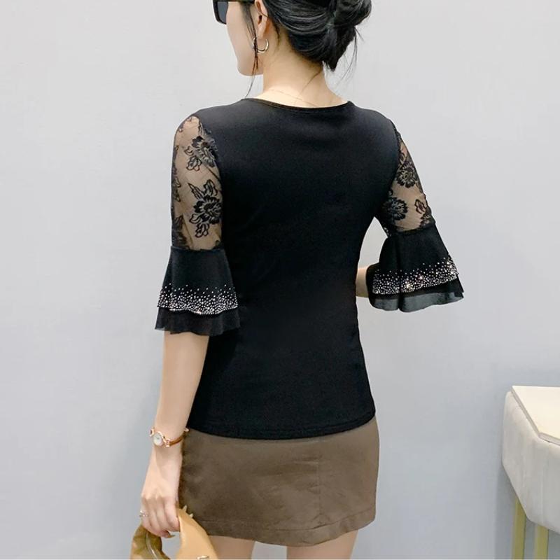 New Summer Sexy V-Neck Hollow Out Hot Diamonds Women's T-Shirt Half Sleeve Fashion Tops Classic Elasticity Mesh Flower Tees