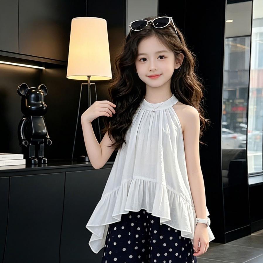 2026 Summer Polka Dot Pants & Ruffle Halter Top Set for Girls - Medium & Large Kids' Cool Summer Wear.