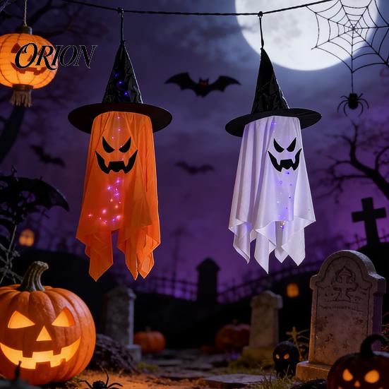 Halloween Yard Art for Decoration Hanging Ghost Decor with Wizard Hat, LED Light Up Colorful Lights Patio Windsock Porch Yard, Outdoor Spooky