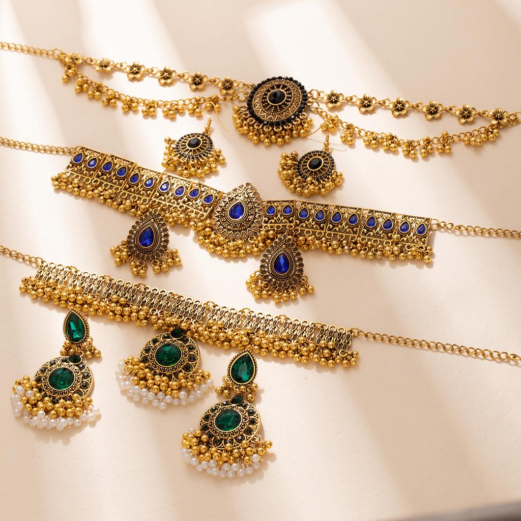 Bohemian Clavicle Necklace Pearl Fringed Earrings Women'S Diamond Retro Exotic Jewelry Set Women'S