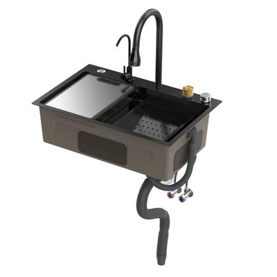 Einbauspüle Schwarz Wasserfall Küchenspüle, Edelstahl mit Tassenreiniger, Einbau/Unterbau Bauernhaus Workstation Mehrere Zubehörteile