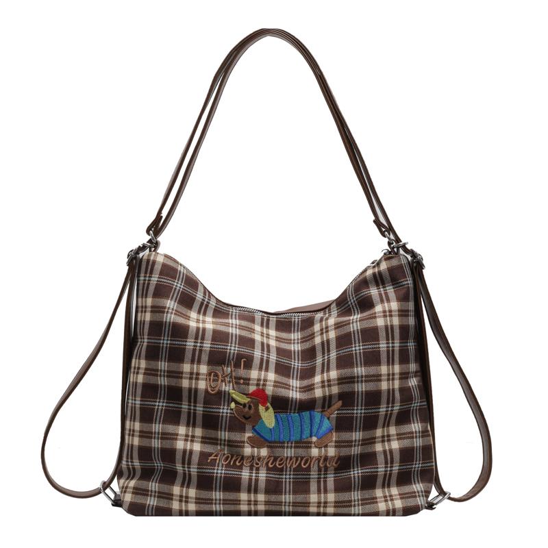 Large Capacity Backpack Women's Commuter Bag Plaid Tote Bag Cartoon Dog Shoulder Bag