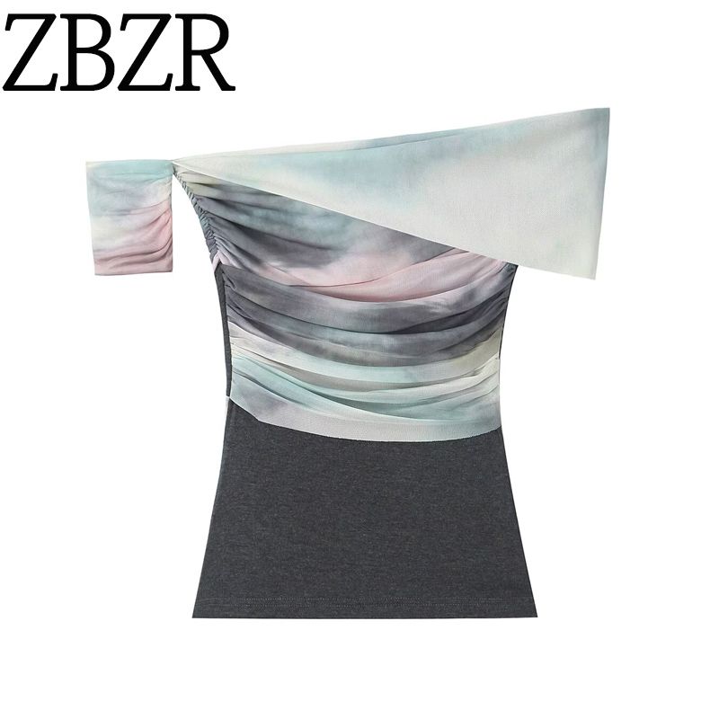Zbzr Spring New Women clothes Western Style Fashion Slim fit Blooming Mesh Knitted Patchwork off-Shoulder T Top
