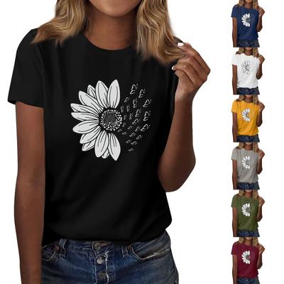 Γυναικείο κοντομάνικο μπλουζάκι V-neck Μοντέρνο T-shirt με στάμπα ηλιοτρόπιο Καθημερινό Top, Κοντομάνικο Top μήκους ώμου