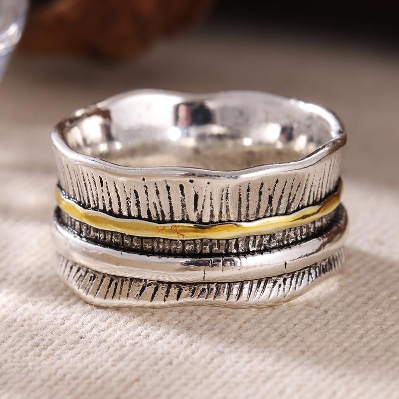 Ethnic Hand Carved Wide Women's Ring Two Color Metal Geometry Daily Wear Party Jewelry Anniversary Gift