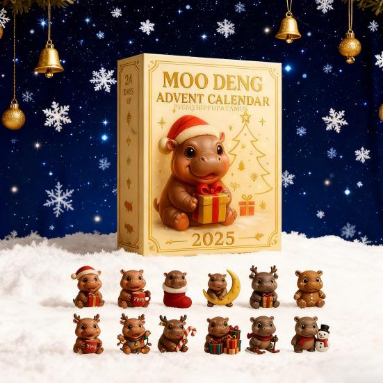 Moo Deng Adventskalender 2025 24 Tage Weihnachts-Countdown mit Acryl-Nilpferd-Ornamenten Überraschungsgeschenke für Kinder und Erwachsene