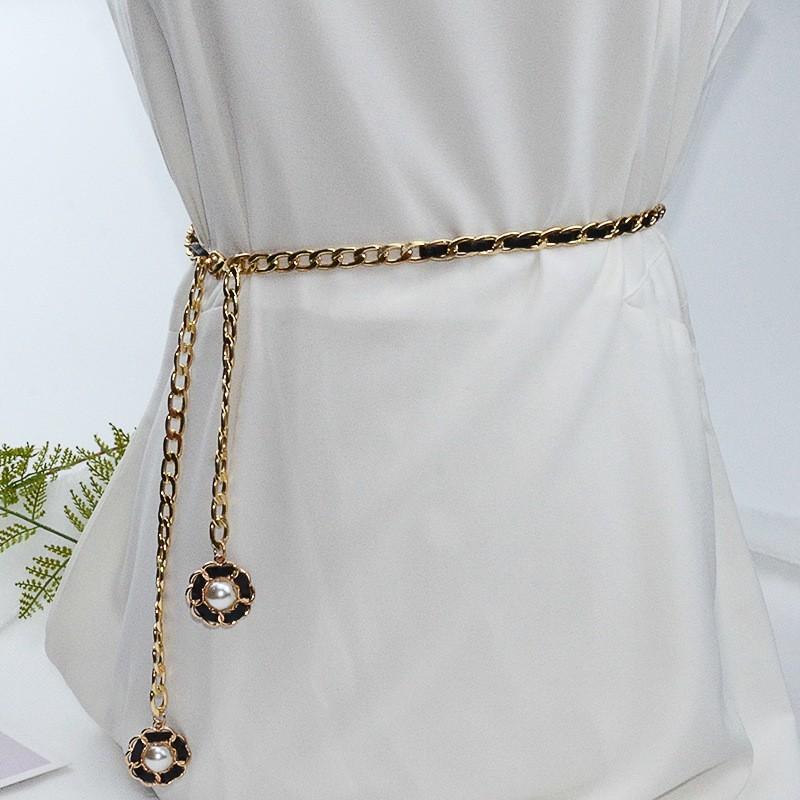 French Small Fragrance Style Waist Chain Women's Accessories Metal Retro Black and White Camellia Fashionable Thin Waist Chain Belt