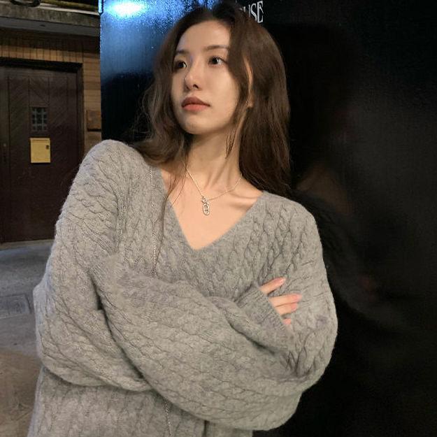 Retro Nische lose Pullover Pullover weiblich V-Ausschnitt Pullover Pullover Frauen weiche wachsartige süße Oberbekleidung gestrickte Twist Pullover weiblich