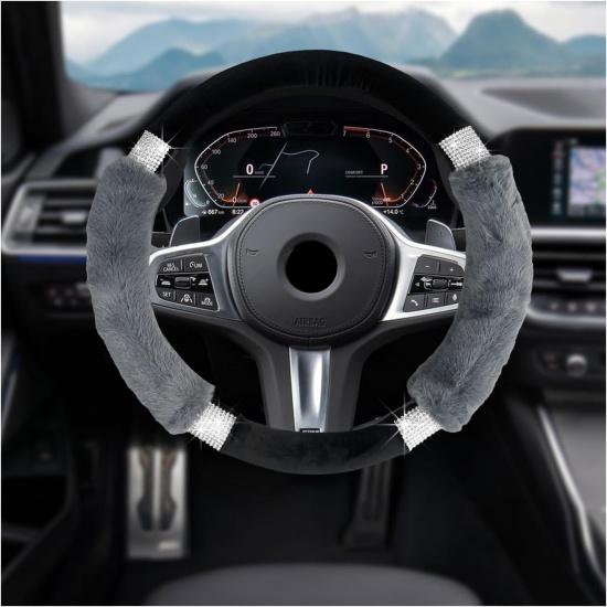 Rhinestone Fluffy Car Steering Wheel Cover, Comfortable Non-Slip Faux Wool Wheel Cover, Bling Soft Steering Wheel Protector for 14.5  to 15 , Car