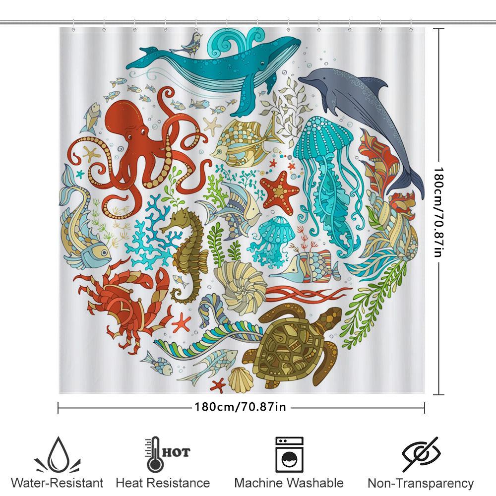 Underwater Life Sea Creature Print Shower Curtain Waterproof Decor Home Bath Accessories Customizable Size Options Available Whi