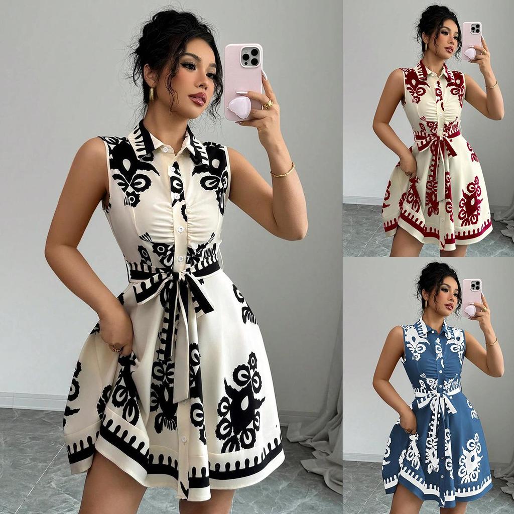 European & American Women's Summer 2025 Sleeveless Lace-up Waist-cinching Printed Dress