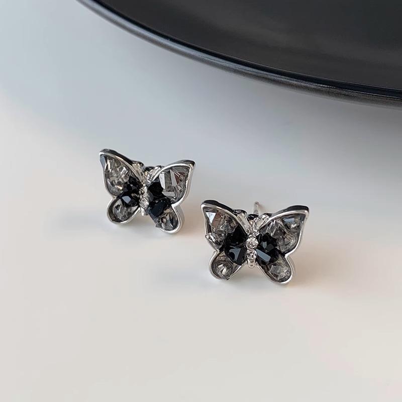 Black zircon crystal butterfly earrings, new summer light luxury premium earrings, sterling silver stud earrings.