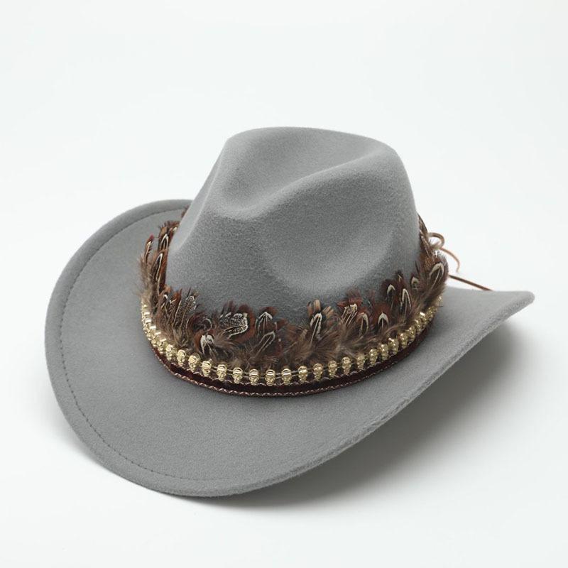 Western cowboy hat autumn and winter outdoor travel knight hat Tibetan ethnic style feather jazz hat top hat
