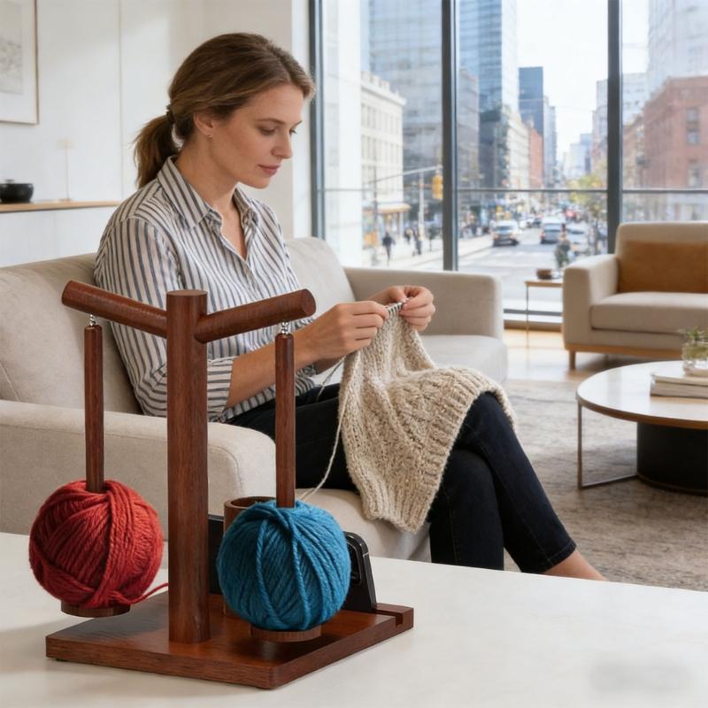 Natural Wood Craft Organizers With Mobile Device Mount Two Spindles For Knitting Crochet And Home Decoration