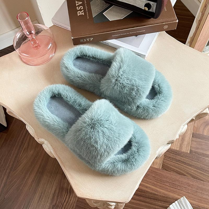 Height-increasing thick-soled fluffy slippers women's autumn and winter outer wear fluffy shoes one-word ins home home plush drag spring and summer