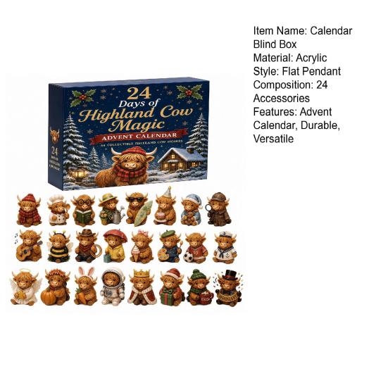 Holiday Hanging Decorations Highland Cow Advent Calendar, 24 Unique Acrylic Ornaments, Decorative Christmas Countdown Blind Box 2D Flat