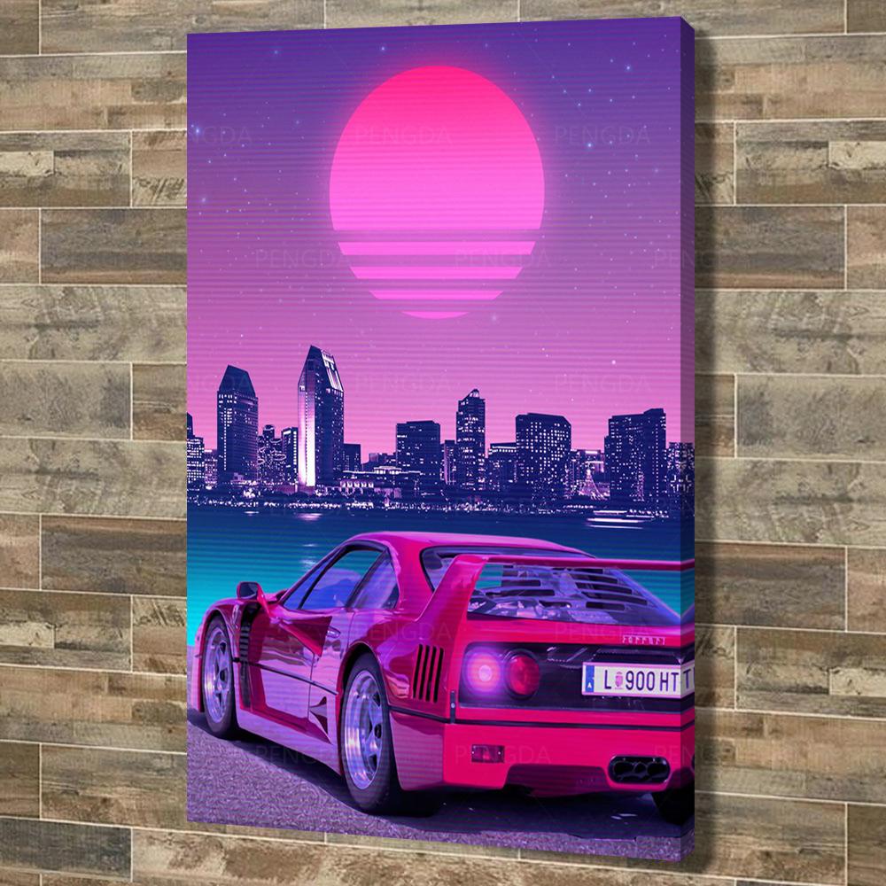 

Украшение дома Vaporwave Холст Картина Retrowave Wall Art Неоновый постер Модульный роскошный автомобиль Картина для прикроватного фона
