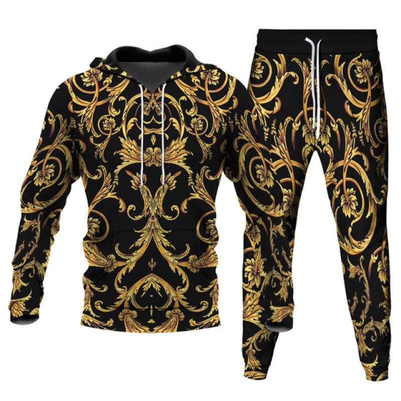 Men's 2 Piece Sets Oversized Hoodies Long Pants Fashion Tracksuit Streetwear 3D Leopard Gold Chain Printed Unisex Clothing S-6XL