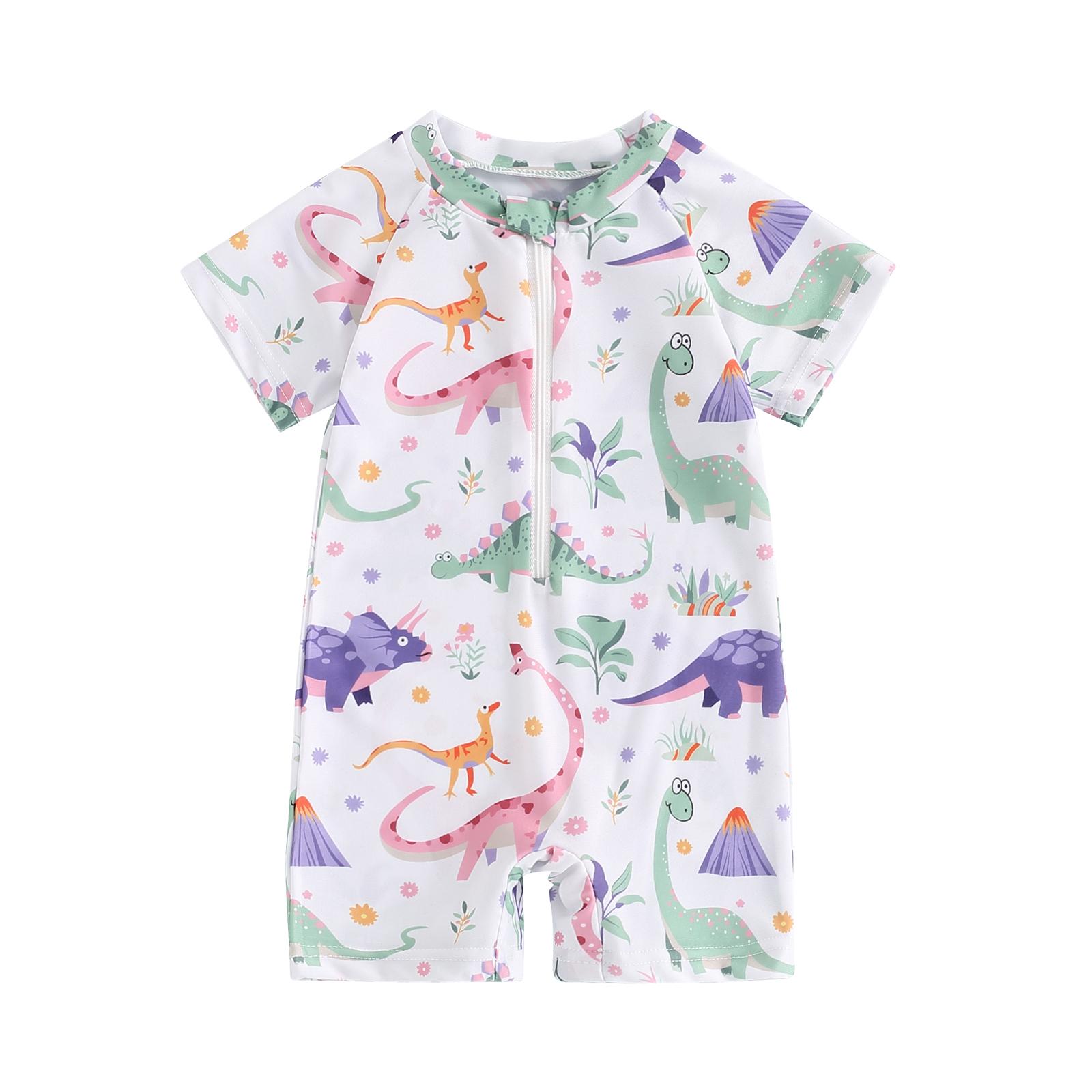 

Купальник с динозавром для маленьких мальчиков, круглый вырез, половина молнии, короткий рукав, рашгард, купальный костюм для малышей 2-3 Years белый