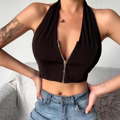 Women's Halter V Neck Tank Tops Summer Zip Front Open Back Sleeveless Basic Crop Top Sexy Tops