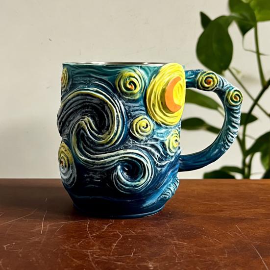 Caneca de Arte em Relevo 3D Noite Estrelada Céu Azul Design Giratório Copo com Alça Espiral Grande Capacidade Caneca de Café Única Presente Decorativo para Amantes da Arte