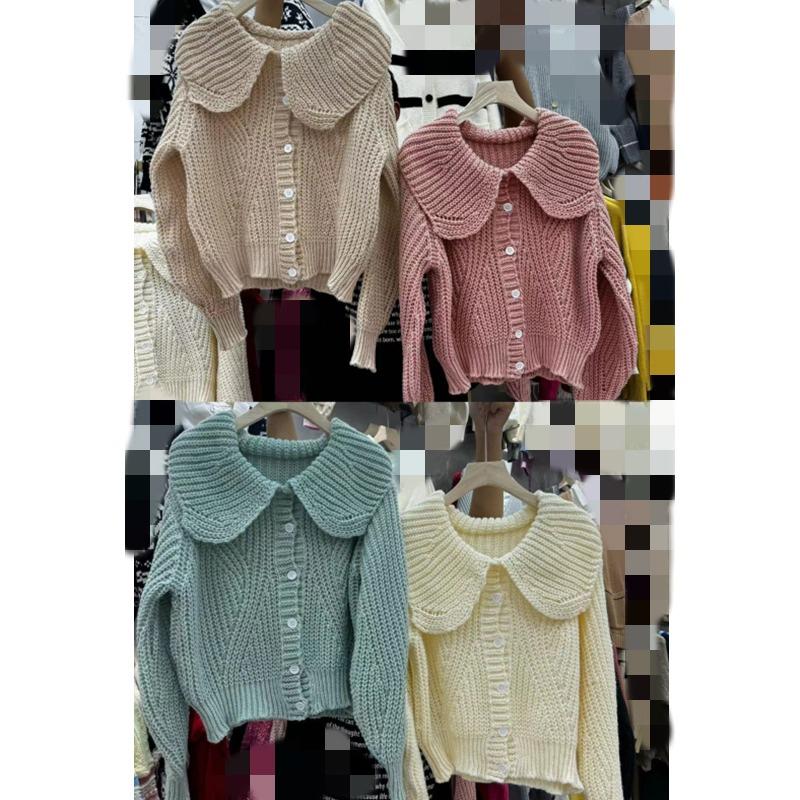 Fashion Elegant Doll Collar Knitted Cardigan Women Sweater Autumn/winter Casual Lapel Loose Coats Long Sleeved Jacket Sweet Simple Solid Top