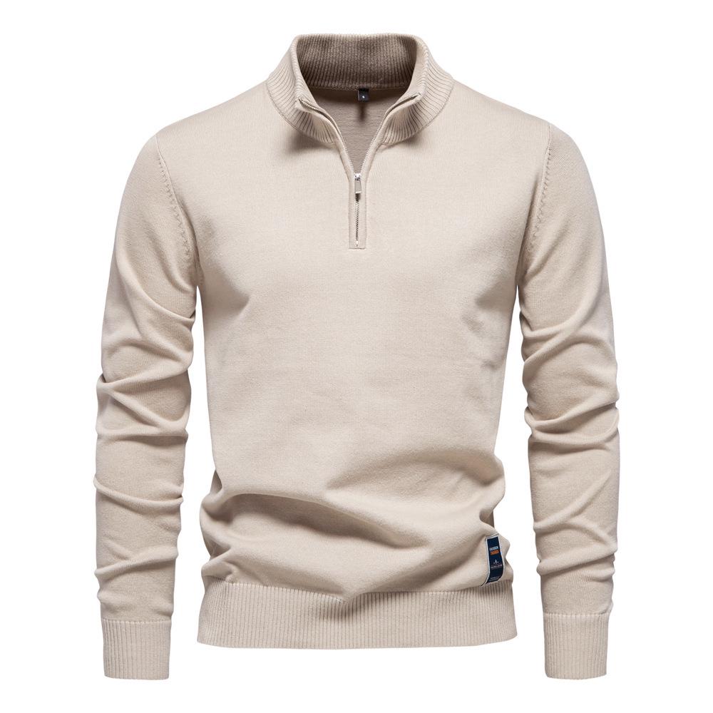 2024 Men's Pure Cotton Stand Collar Zipper Sweater - Half-Slim Solid Color Knitwear