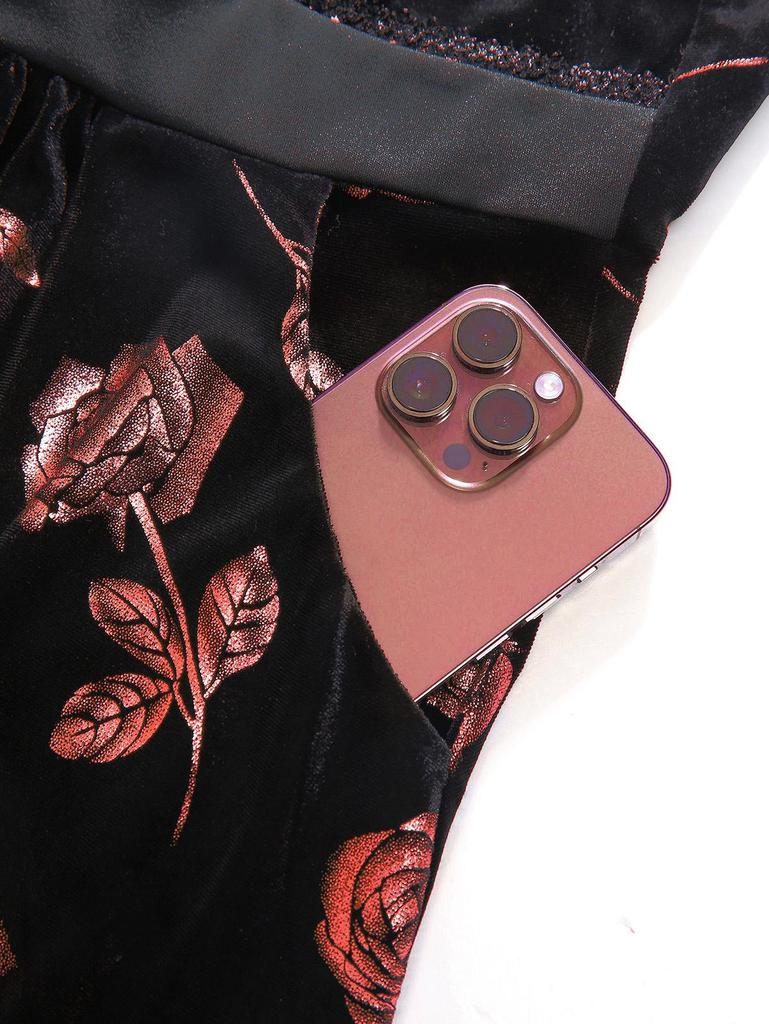 Rosegal Plus Size Glitter Rose Flower Gold Lace Up Pocket A Line Velvet Tank Dress