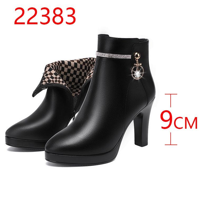 

9 см Элегантная Модная Обувь из Мягкой Кожи Женские Ботильоны Осень-Зима 2025 Блочный Высокий Каблук Ботинки из Короткого Меха для Офиса Модель 37