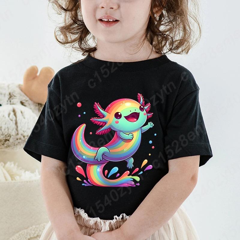 Axolotl Graphic Print Creative T-Shirts, Soft Comfy Crew Neck Short Sleeve Tee, Girls' Summer Tops