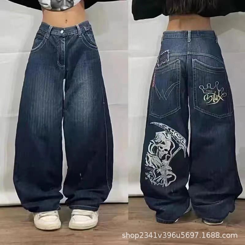 Mens Y2K Hip Hop Wide Leg Straight Fit Denim Jeans - Washed Cotton Loose Streetwear Style