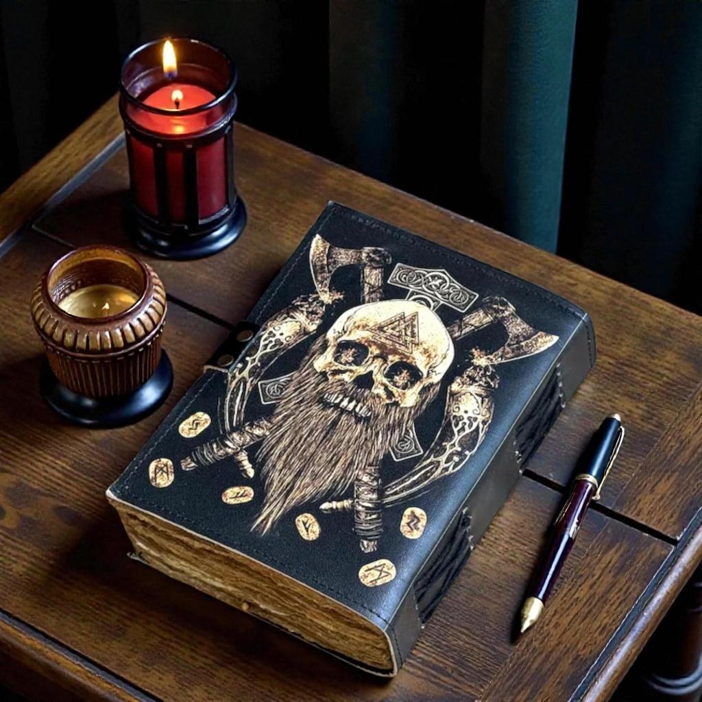 Handmade Viking Leather Journal | 5x7" Rune & Skull Notebook with 200 Deckle Edge Pages | Norse Mythology Diary for Men | Warrior Vintage Writing Book