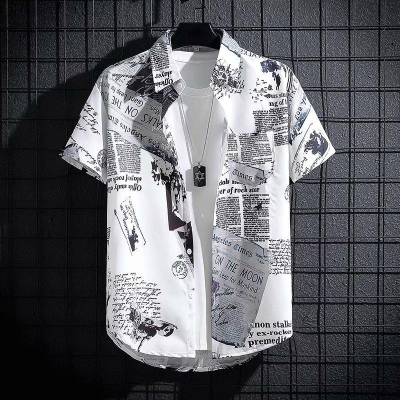 2026 Men s Summer Graffiti Print Short-Sleeve Hong Kong Style Shirt M белый