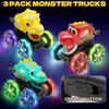 Monster Truck Toy with T-Rex, Triceratops & Swift Sword Dinosaurs and Flashing LED Wheel Lights - Friction Powered Battery Operated for Kids Dinosaur