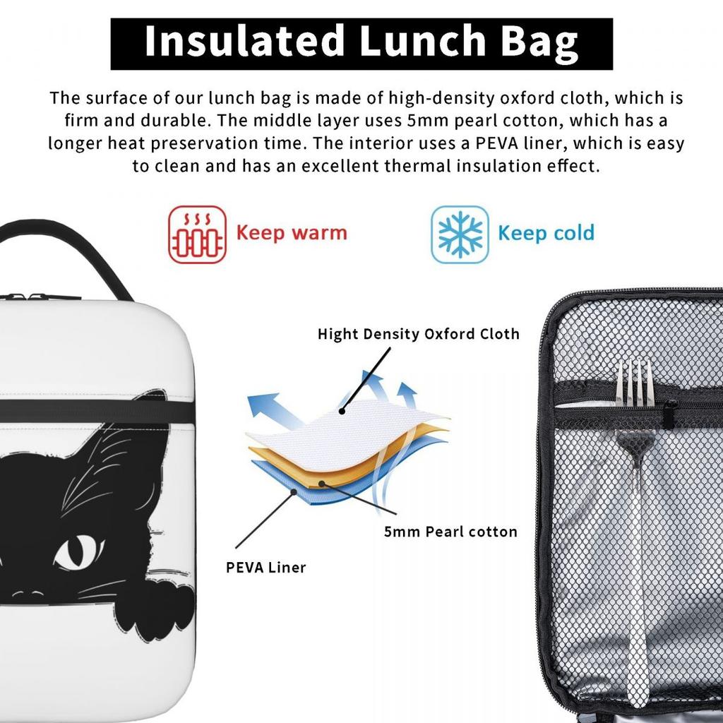 Black Cat Animal Theme Insulated Lunch Bag for Women Children Leakproof Food Boxes Thermal Lunch Box Tote